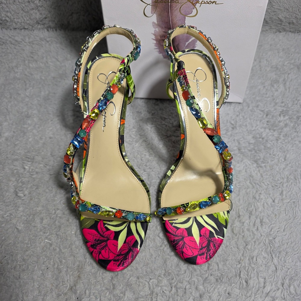 Jessica Simpson Multicolor Jeweled Floral High Heel Sandals - Picture 4 of 11